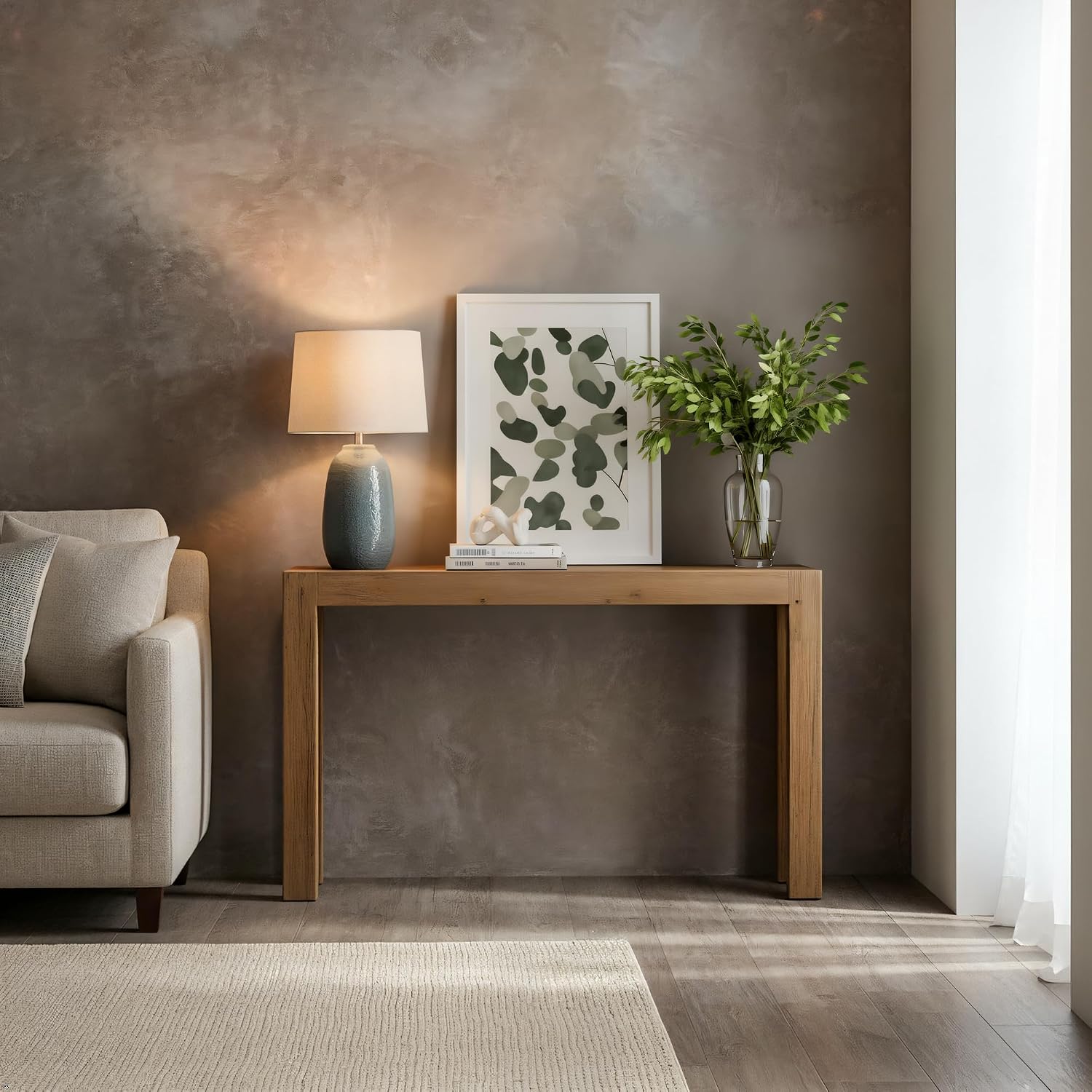 Plank+Beam Modern Solid Wood Console Table, 46 Inch, Sofa Table, Narrow Entryway Table for Hallway, Behind The Couch, Living Room, Foyer, Easy Assembly, Pecan