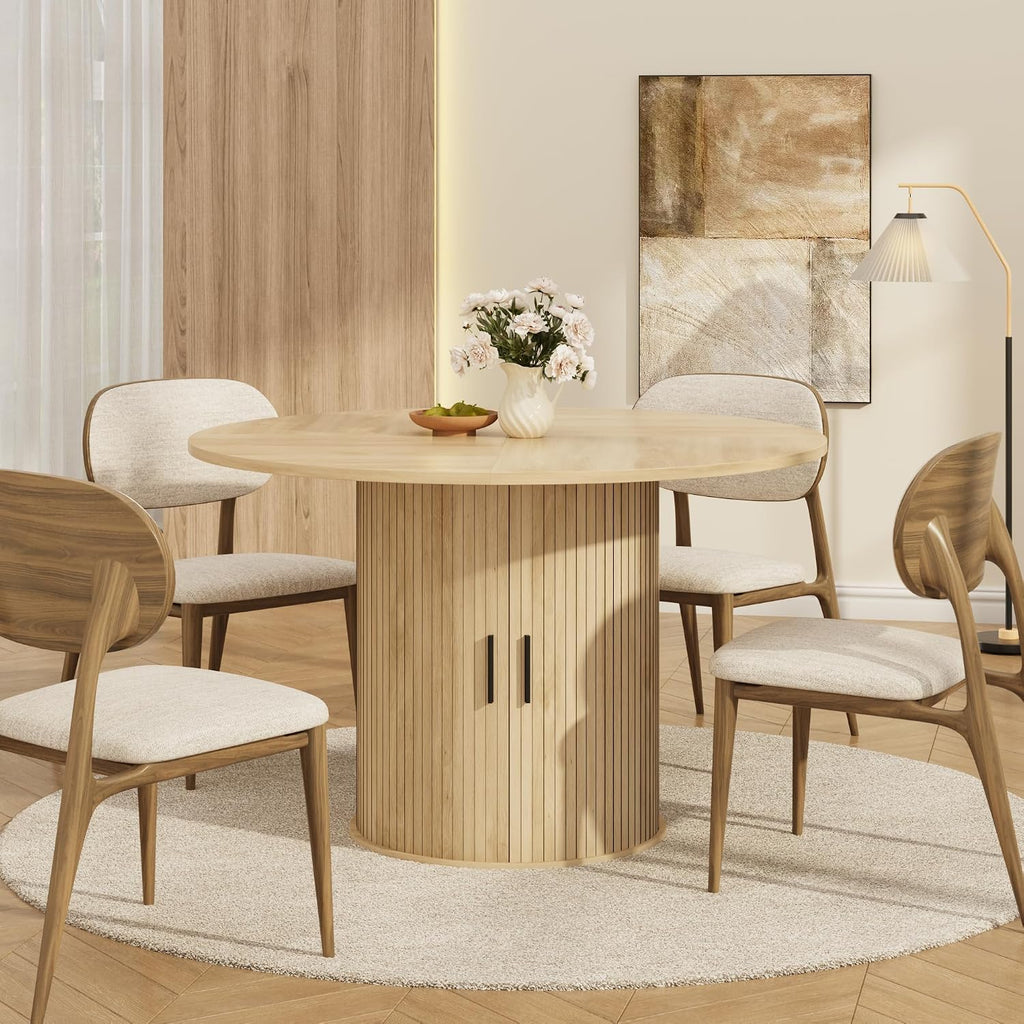 Garvee 47 Inch Round Dining Table for 4, Kitchen Table Dinner Table with 2-Layer Storage Shelf and Wood Slide Door for Home Dining Room Living Room
