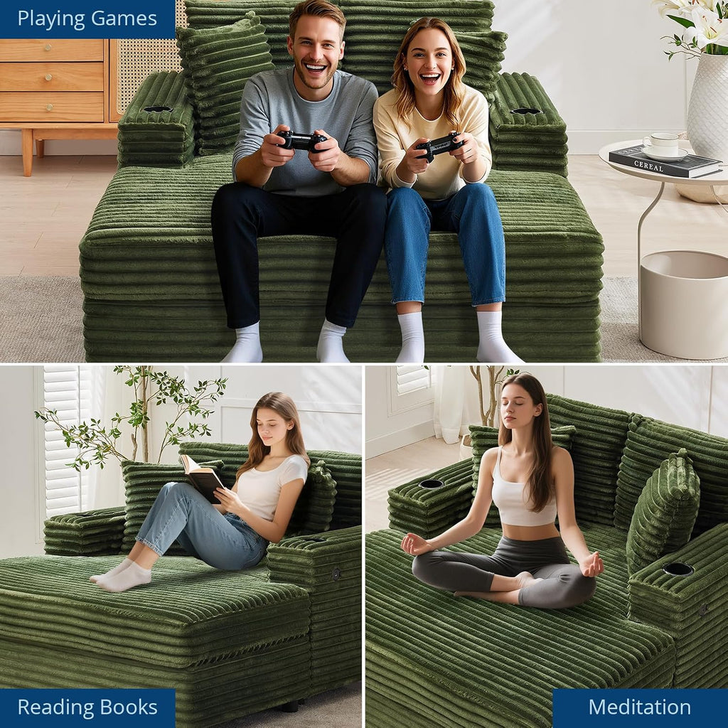 GarveeHome 60-inchOversized Chaise Lounge Chair Indoor, Comfy Corduroy Lounge Sofa with Charging Station, Cup Holders & Throw Pillows, Cozy Sleeper Couch for Living Room Apartments, Green
