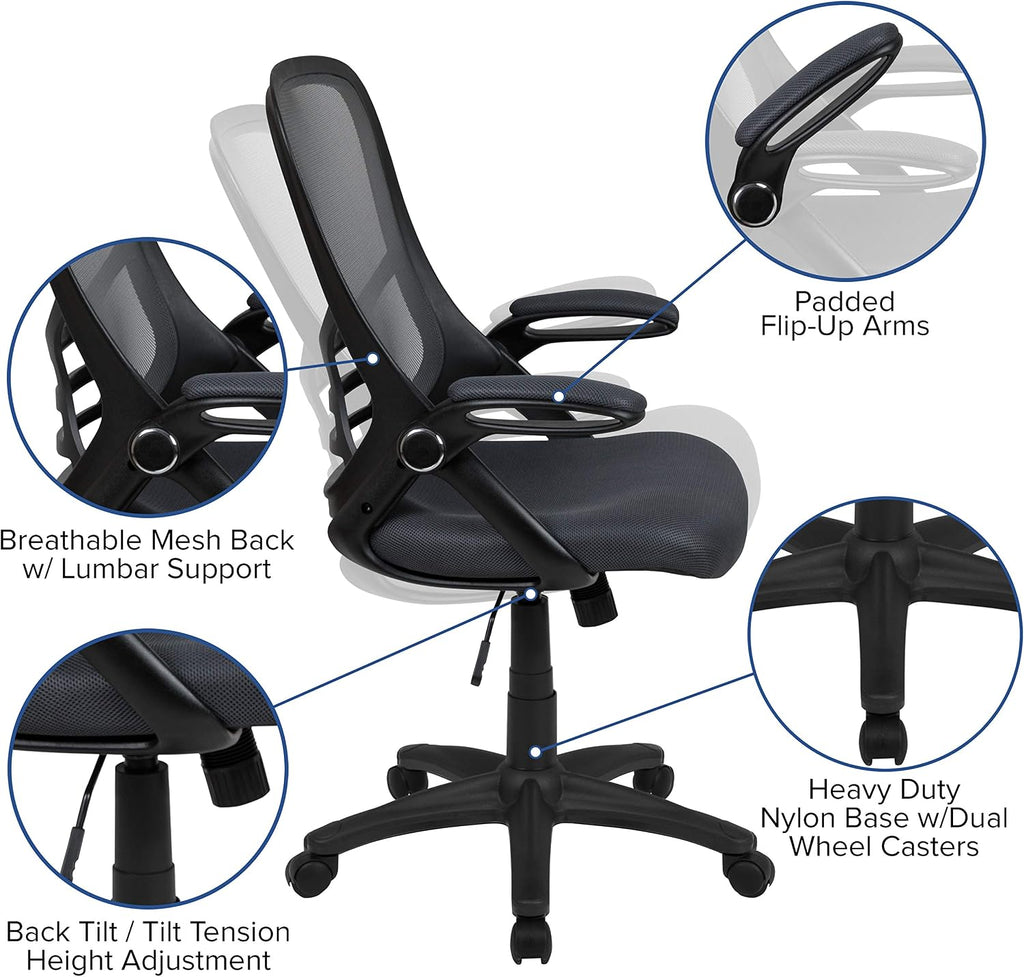 Flash Furniture Porter High-Back Swivel Office Chair with Adjustable Lumbar Support and Seat Height, Ergonomic Mesh Desk Chair with Flip-Up Armrests, Black