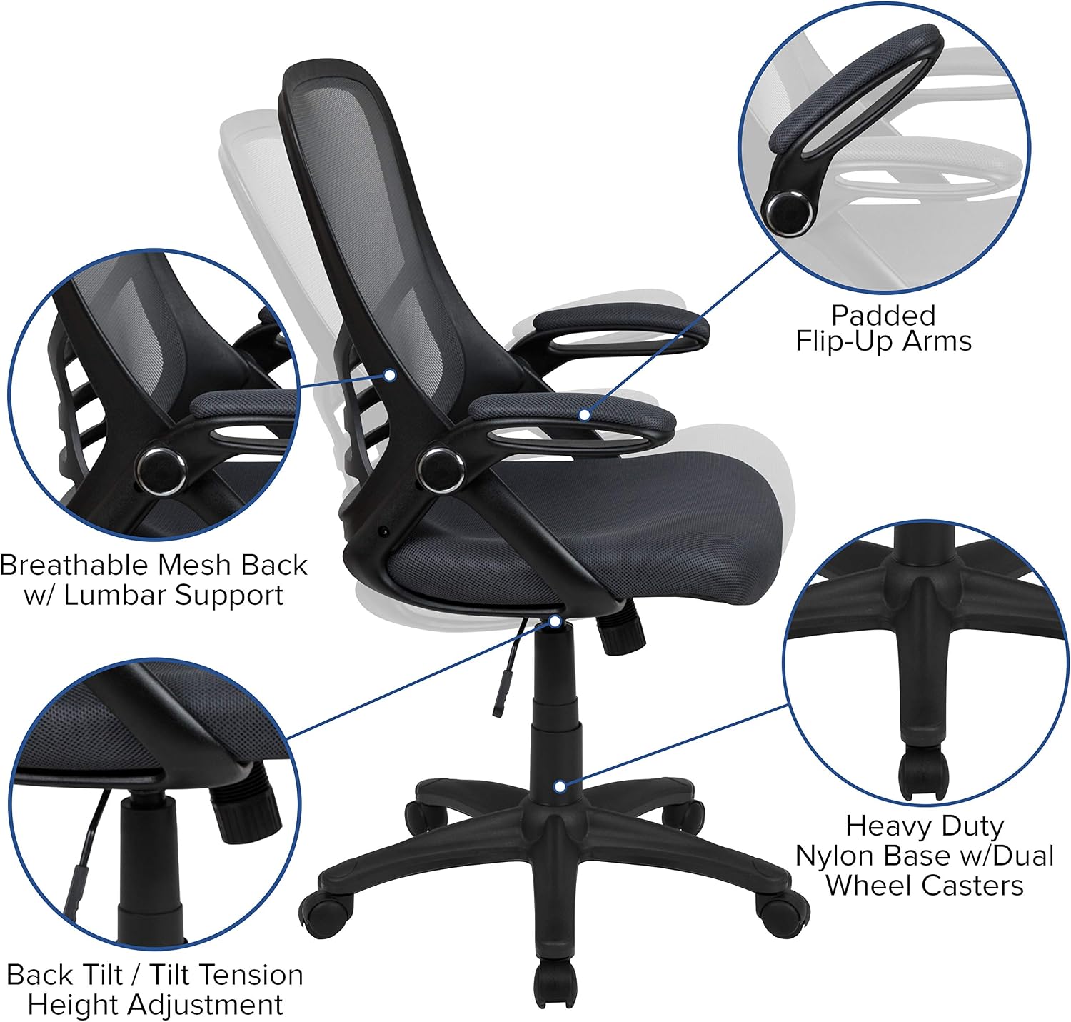 Flash Furniture Porter High-Back Swivel Office Chair with Adjustable Lumbar Support and Seat Height, Ergonomic Mesh Desk Chair with Flip-Up Armrests, Black