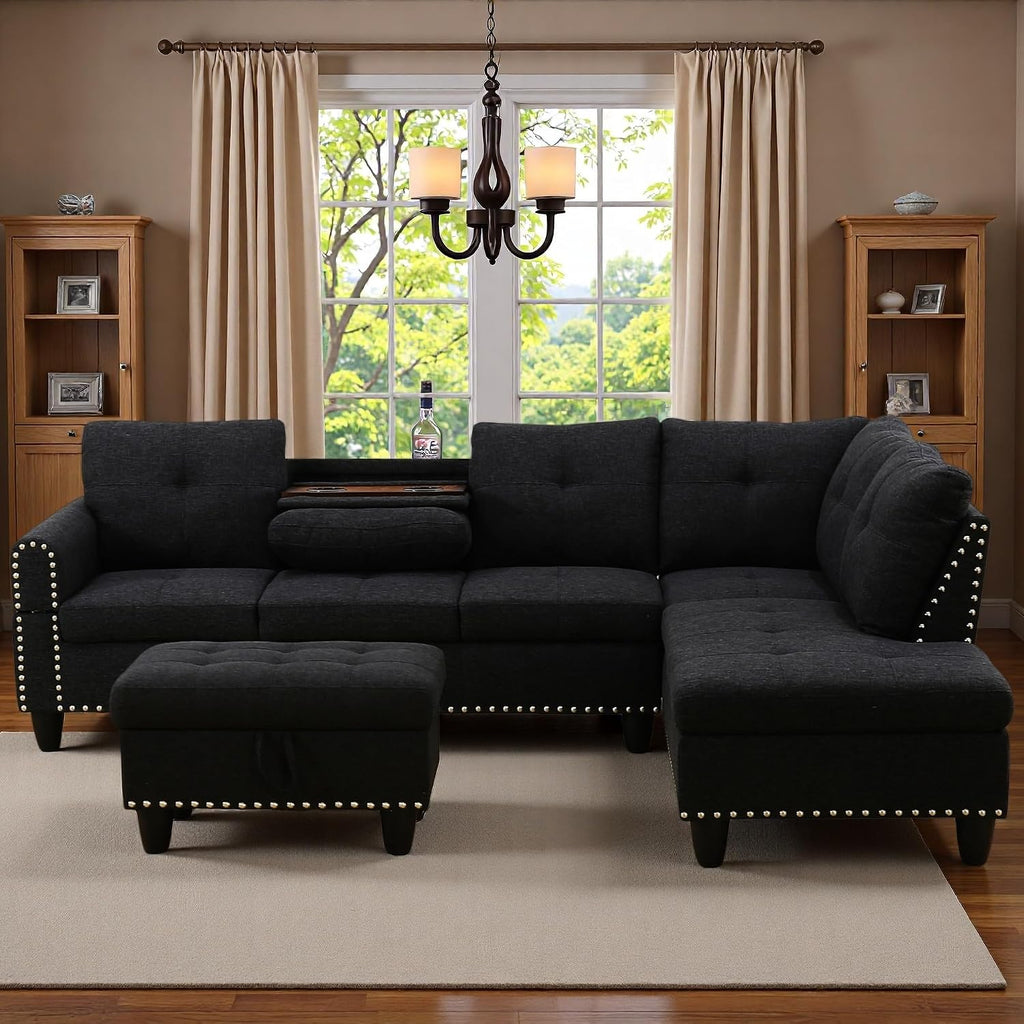 97.5' L Shaped Couch Set, Modular Sectional Couches for Living Room with Storage Ottoman, 4 Seat Home Sofa Living Room Furniture Sets with Chaise for Apartment Office (Linen, Dark Grey)