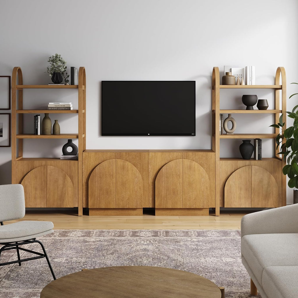 Nathan James Iris Sideboard and Bookcase Set, Mid-Century Modern Solid Wood Storage Unit with Arched Doors, 2 Cabinets and 2 Bookshelves with Cabinet, Light Brown