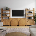 Nathan James Iris Sideboard and Bookcase Set, Mid-Century Modern Solid Wood Storage Unit with Arched Doors, 2 Cabinets and 2 Bookshelves with Cabinet, Light Brown
