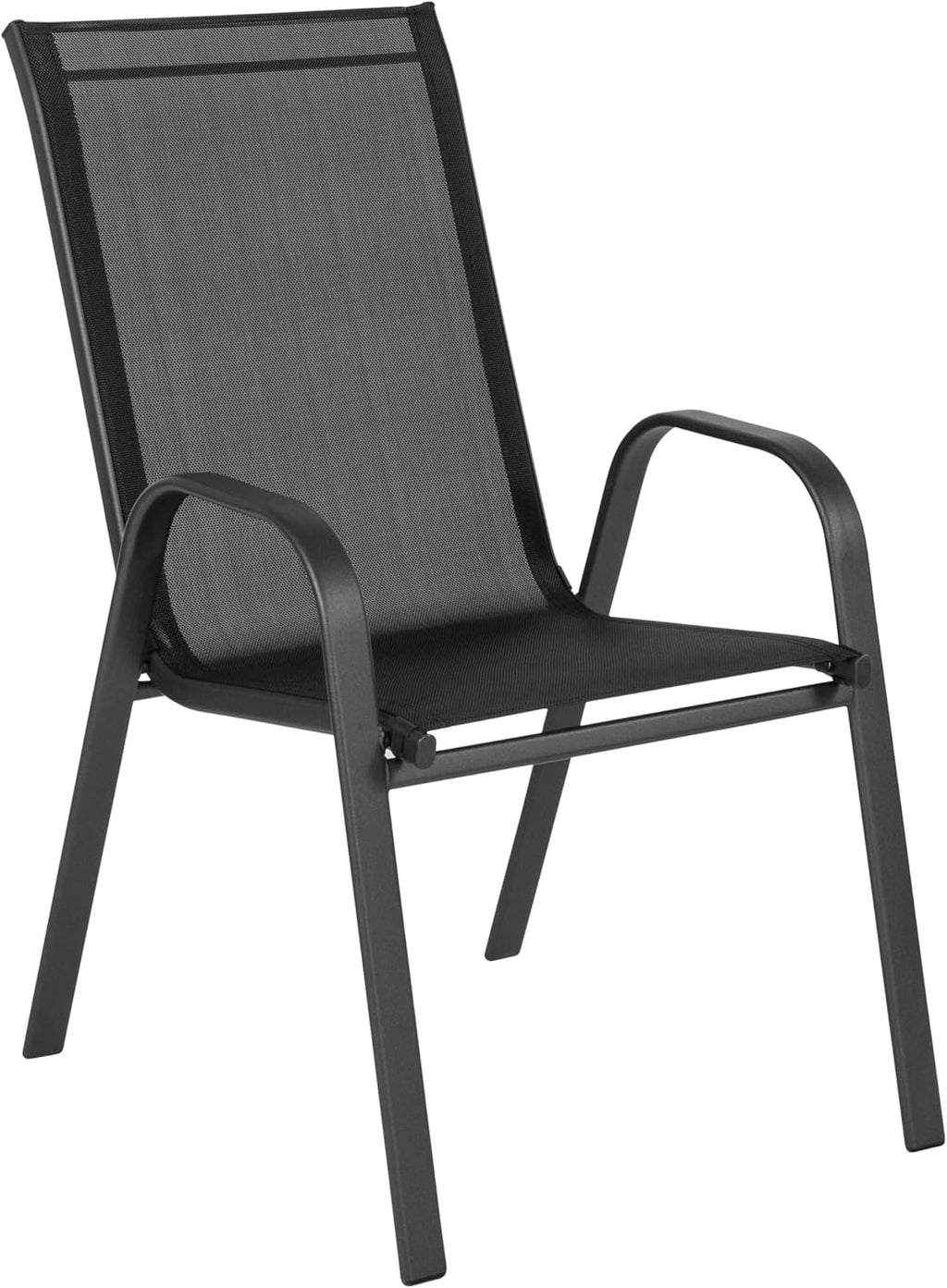 Flash Furniture Brazos Commercial Outdoor Dining Set, 60' Tempered Glass Patio Table with Umbrella Hole, 6 Stack Chairs with Flex Comfort Seats and Backs, Black/Black