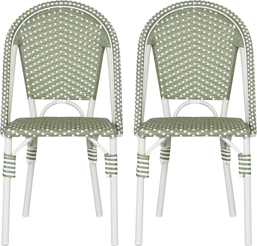 Christopher Knight Home Philomena Outdoor French Bistro Chairs Set of 2, Aluminum Patio Dining Chairs Set of 2, PE Rattan Patio Furniture Amrless Accent Chair for Garden/Backyard/Balcony, Green+White