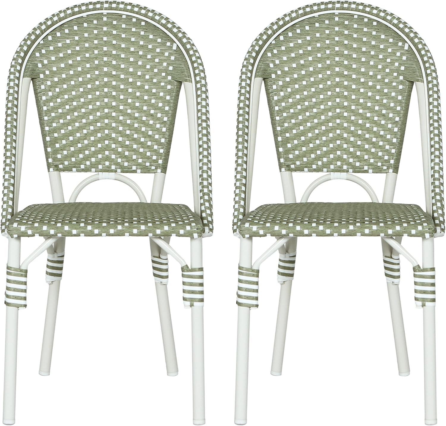 Christopher Knight Home Philomena Outdoor French Bistro Chairs Set of 2, Aluminum Patio Dining Chairs Set of 2, PE Rattan Patio Furniture Amrless Accent Chair for Garden/Backyard/Balcony, Green+White