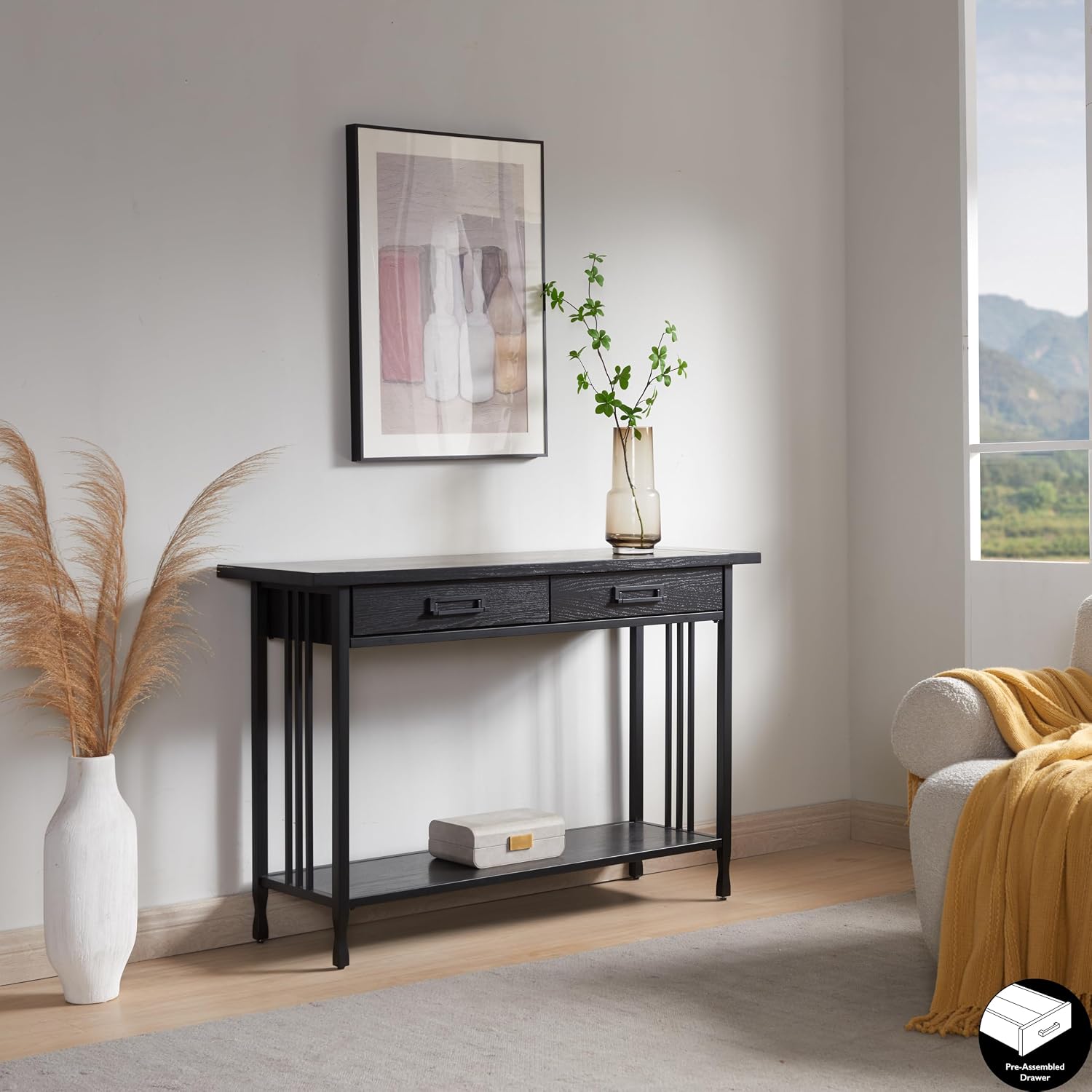 Leick Home 11233-BK Ironcraft Rustic Two Drawer Console Table with Shelf, Black Wash