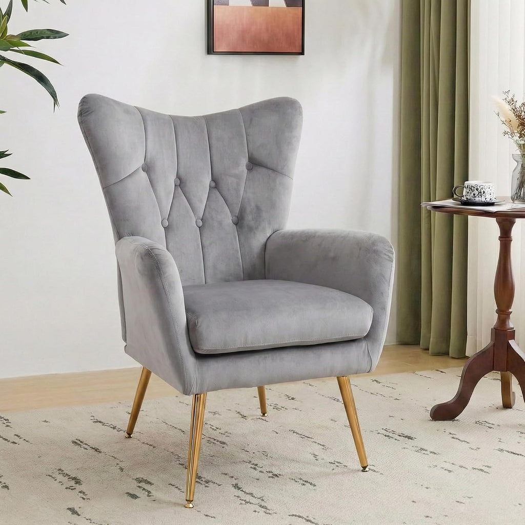 Container Furniture Direct Modern Chic Mid-Century Velvet Accent Armchair for Living Room, Bedroom, or Home Office, Button-Tufted Wingback Design with Gold Flared Legs, Grey