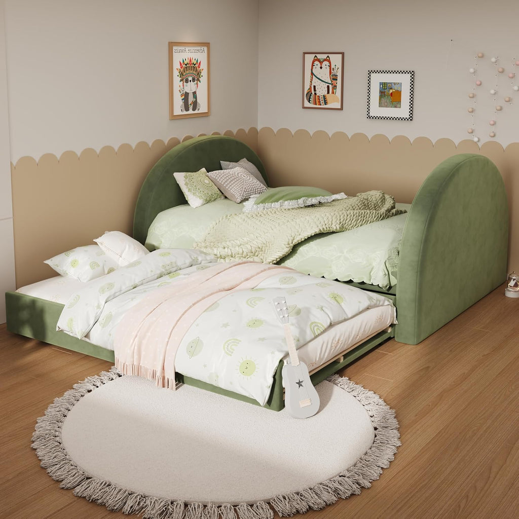 Christopher Knight Home Leonhart Velvet Upholstered Full Size Bed Frame with Headboard/Footboard, Day Bed Frame with Pull-Out Functionality, Iron Frame + Wooden Slat Trundle Bed Full, Olive Green