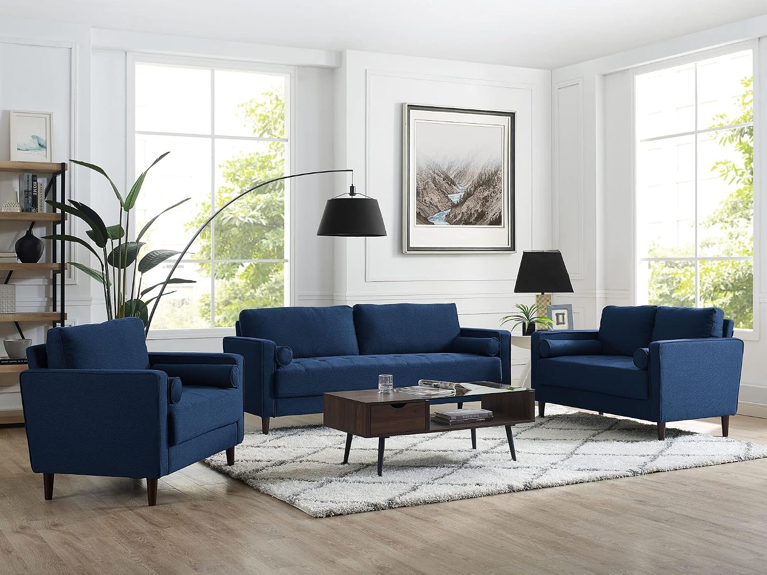 Studio Living® Lexington 39.4' Arm Chair, Mid-Century Modern, Pocket Coil Comfort, Easy Assembly, Woven Fabric, Navy Blue