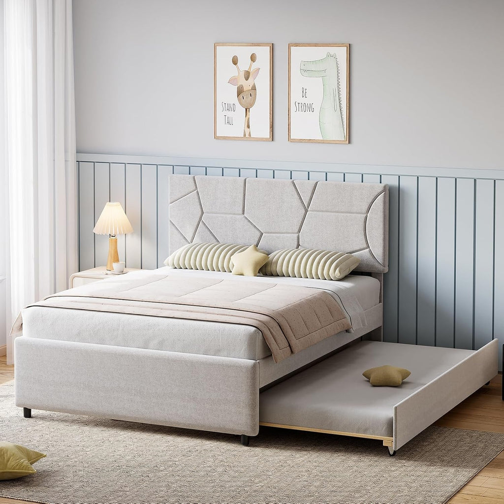Garvee Queen Size Bed Frame with Trundle, Upholstered Platform Bed Frame with Headboard, Trundle Bed Twin, Wood Slat Support, for Bedroom, Living Room, Guest Room