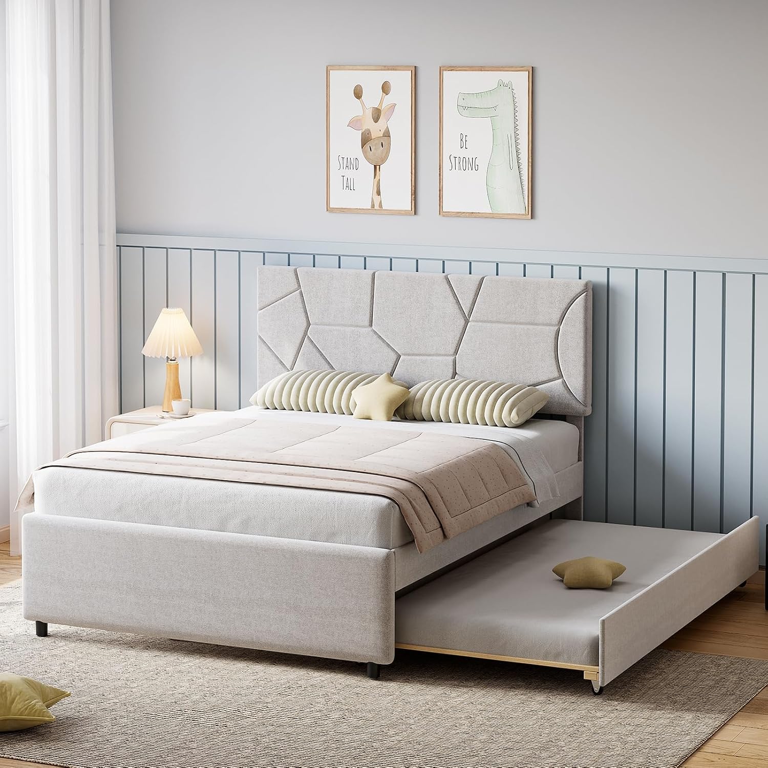 Garvee Queen Size Bed Frame with Trundle, Upholstered Platform Bed Frame with Headboard, Trundle Bed Twin, Wood Slat Support, for Bedroom, Living Room, Guest Room
