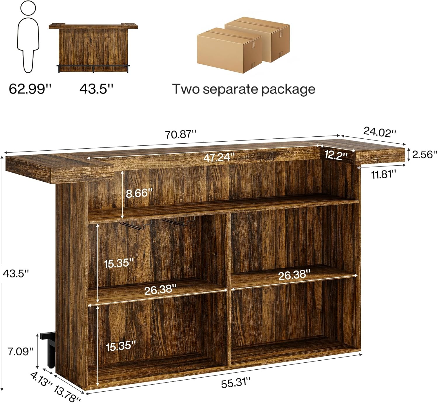 Tribesigns 4-Tier Bar Table, 70.9-Inch Large Wood Home Bar Unit with Wine Glass Holder and Black Footrest, Pub Table with Storage Shelves for Kitchen, Indoor, Brown