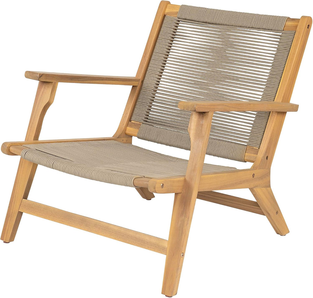 Christopher Knight Home Veera Patio Chair Set of 2 with Acacia Wood Frame and Handwoven Rope, Outdoor Lounge Chair, Stylish Outdoor Accent Chair for Garden/Deck/Backyard, Beige + Light Teak