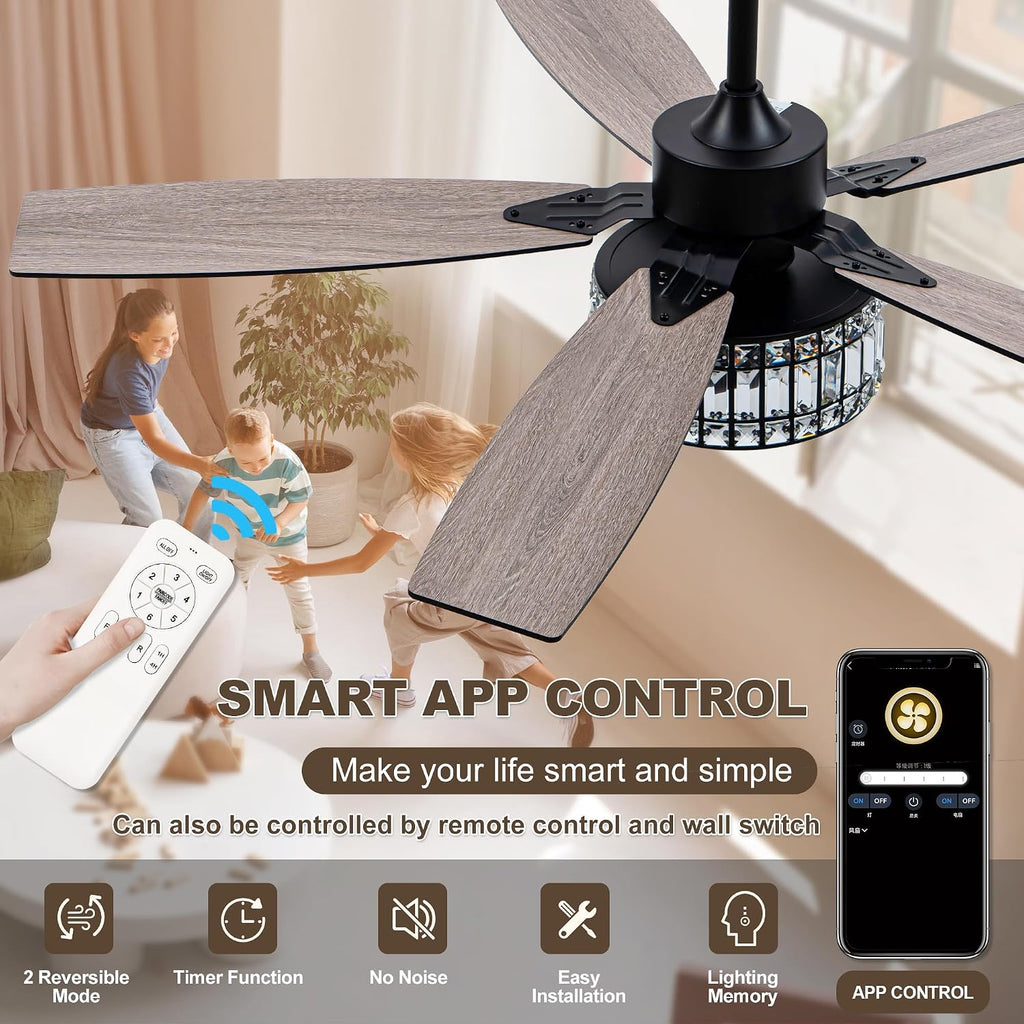 Chandelier Ceiling Fans with Lights and Remote,Caged Ceiling Fan with Light,App 5 Blades E26 Fandelier Ceiling Fans with Lights,Crystal Ceiling Fan for Bedroom,Living Room. (Black, 60 Inch)