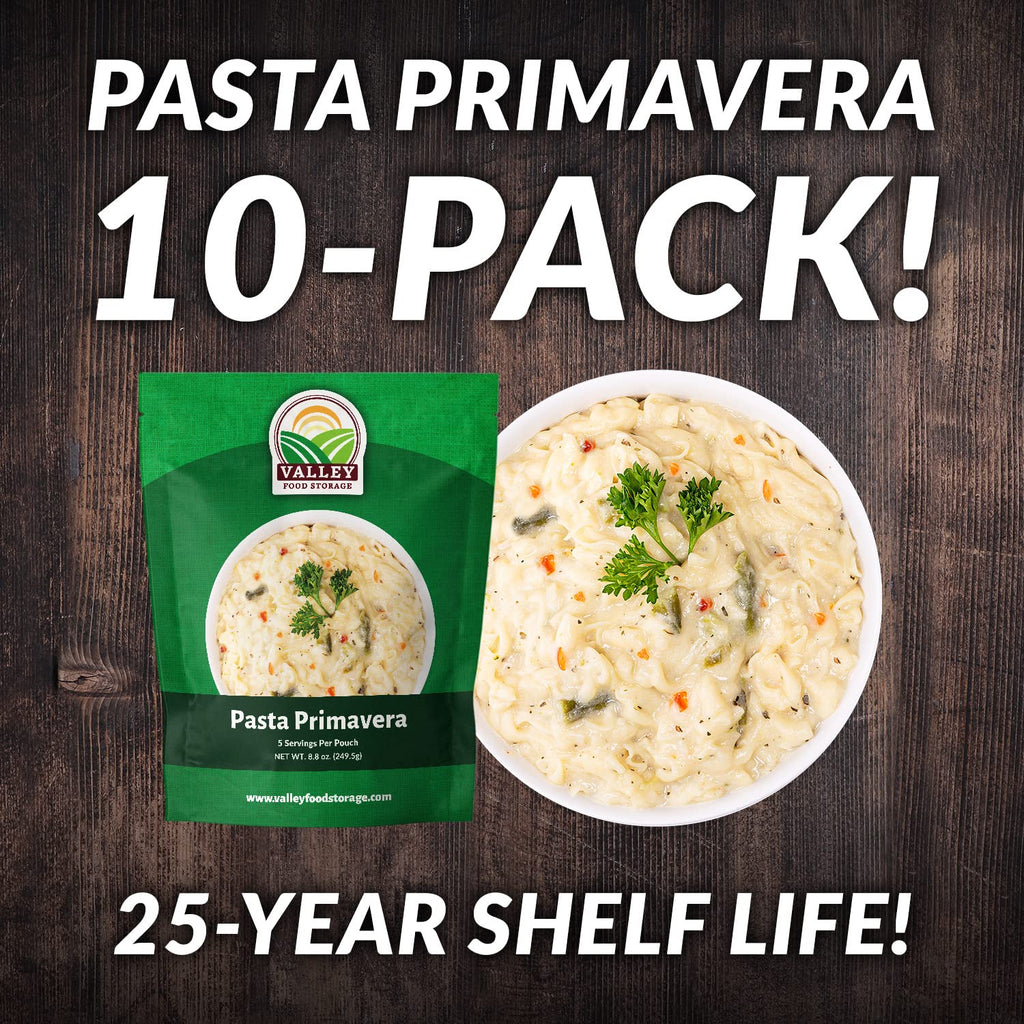 Valley Food Storage Pasta Primavera | 10-Bag Bucket, 50 Servings | Non-GMO Premium Emergency Food Supply, 25 Year Shelf Life | Survival Meal Kits, Prepper Food & Off-Grid Living Supplies, Packaged in USA