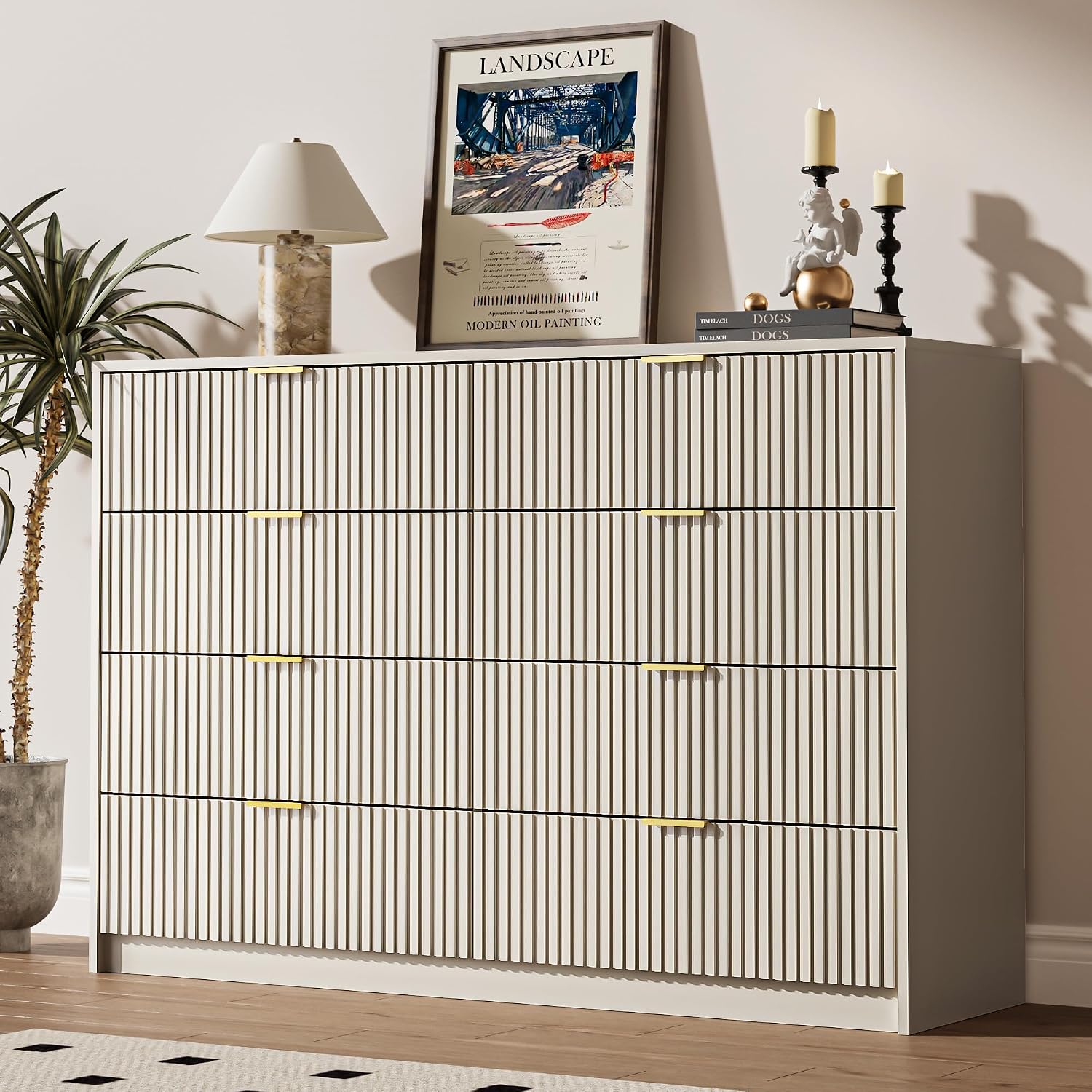 MAISONARIA Beige Dresser for Bedroom, 8 Drawer Double Dresser, Modern Chest of Drawers for Bedroom, Living Room, Entryway and Closet, 55' L x 15.7' D x 37.4' H