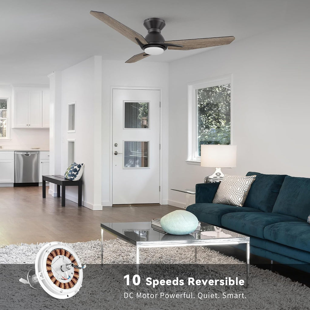 SMAFAN Smart Ceiling Fans with Lights Flush Mount 52', 3 Light Colors Dimmable, 10 Speeds DC Ceiling Fan with Remote, Outdoor Ceiling Fan Compatible with Alexa, Siri & Google Home, Black & Wood