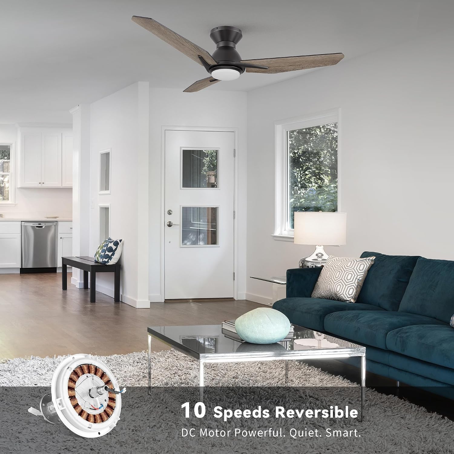SMAFAN Smart Ceiling Fans with Lights Flush Mount 52', 3 Light Colors Dimmable, 10 Speeds DC Ceiling Fan with Remote, Outdoor Ceiling Fan Compatible with Alexa, Siri & Google Home, Black & Wood