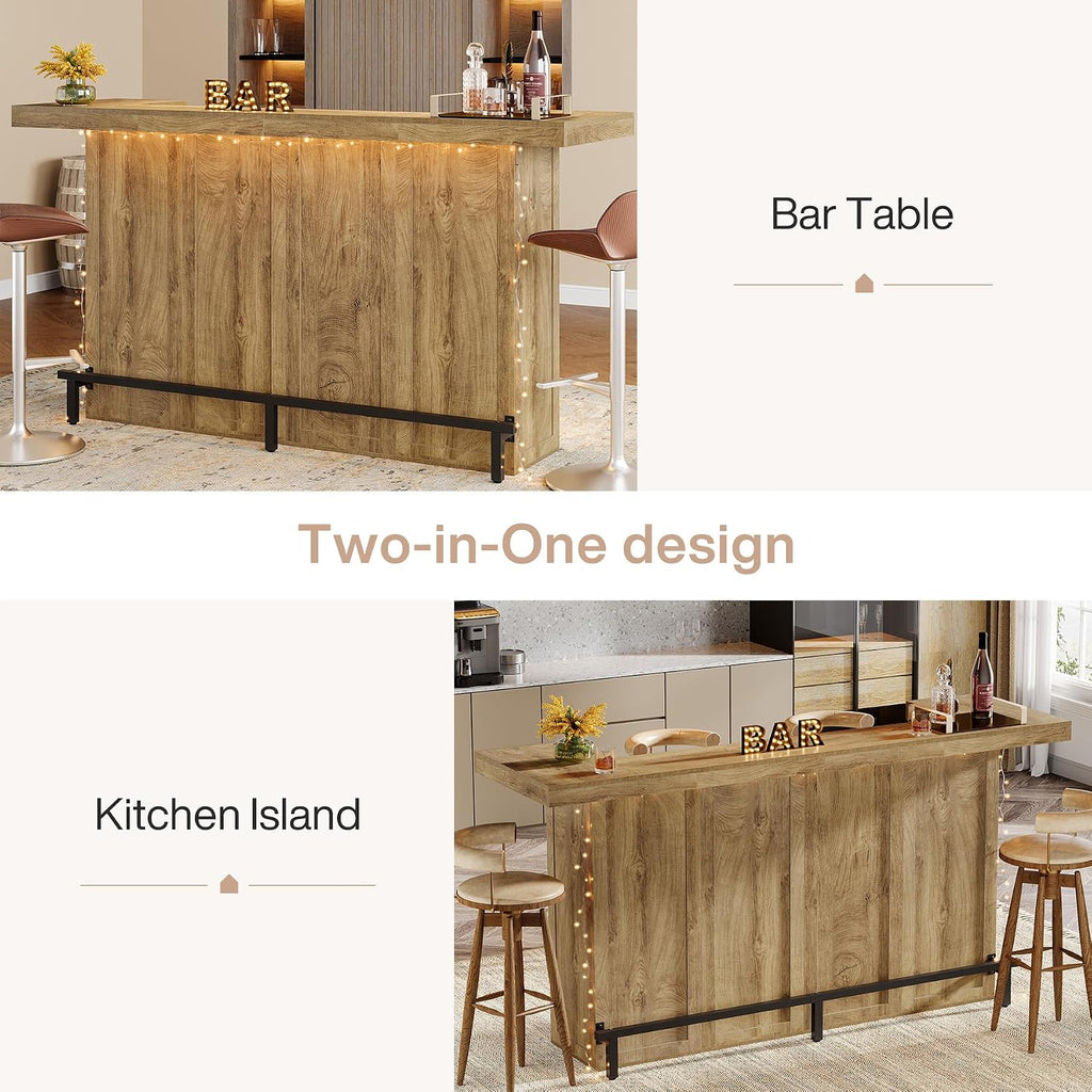 Tribesigns 4-Tier Bar Table, 70.9-Inch Large Wooden Home Bar Unit with Wine Glass Holder and Black Footrest, Pub Table with Storage Shelves for Basement, Dining Room, Living Room, Light Brown