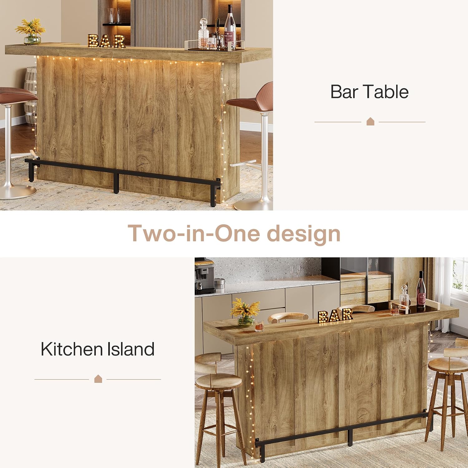 Tribesigns 4-Tier Bar Table, 70.9-Inch Large Wooden Home Bar Unit with Wine Glass Holder and Black Footrest, Pub Table with Storage Shelves for Basement, Dining Room, Living Room, Light Brown