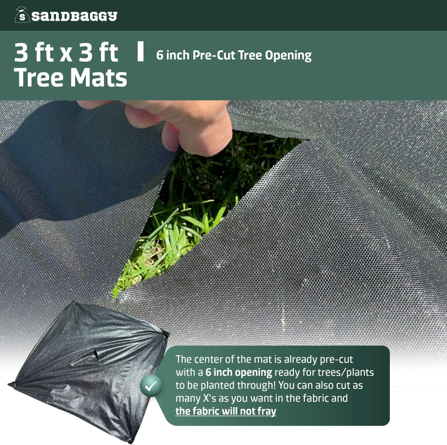 Sandbaggy Tree Mats 3 ft x 3 ft | Fabric Stops Weeds in Its Tracks | UV Protected for Extended Life | for Landscape, Weed Barrier, Ground Cover, Farming, Garden | DOT Approved (Pack of 8000)