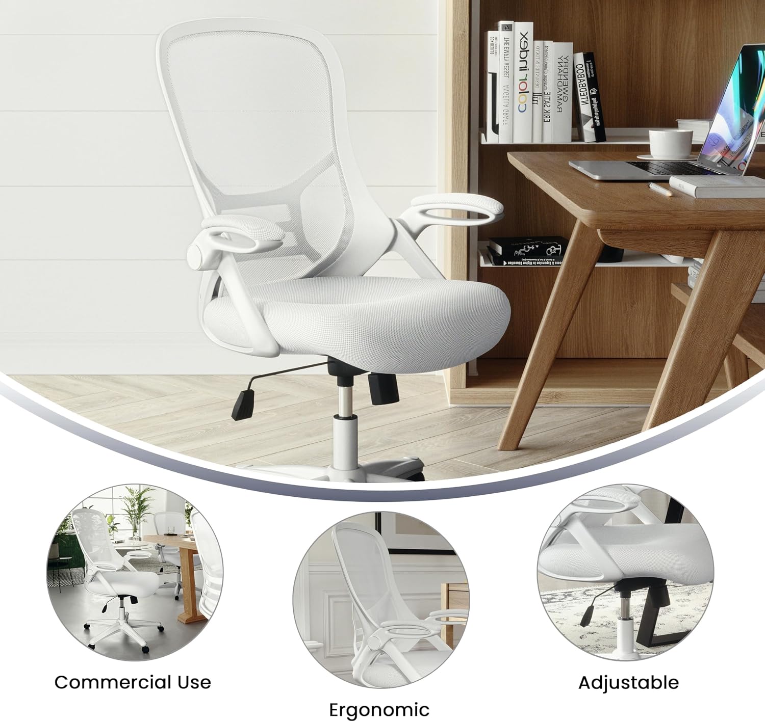 Flash Furniture Porter High-Back Swivel Office Chair with Adjustable Lumbar Support and Height, Ergonomic Mesh Desk Chair with Flip-Up Armrests, White