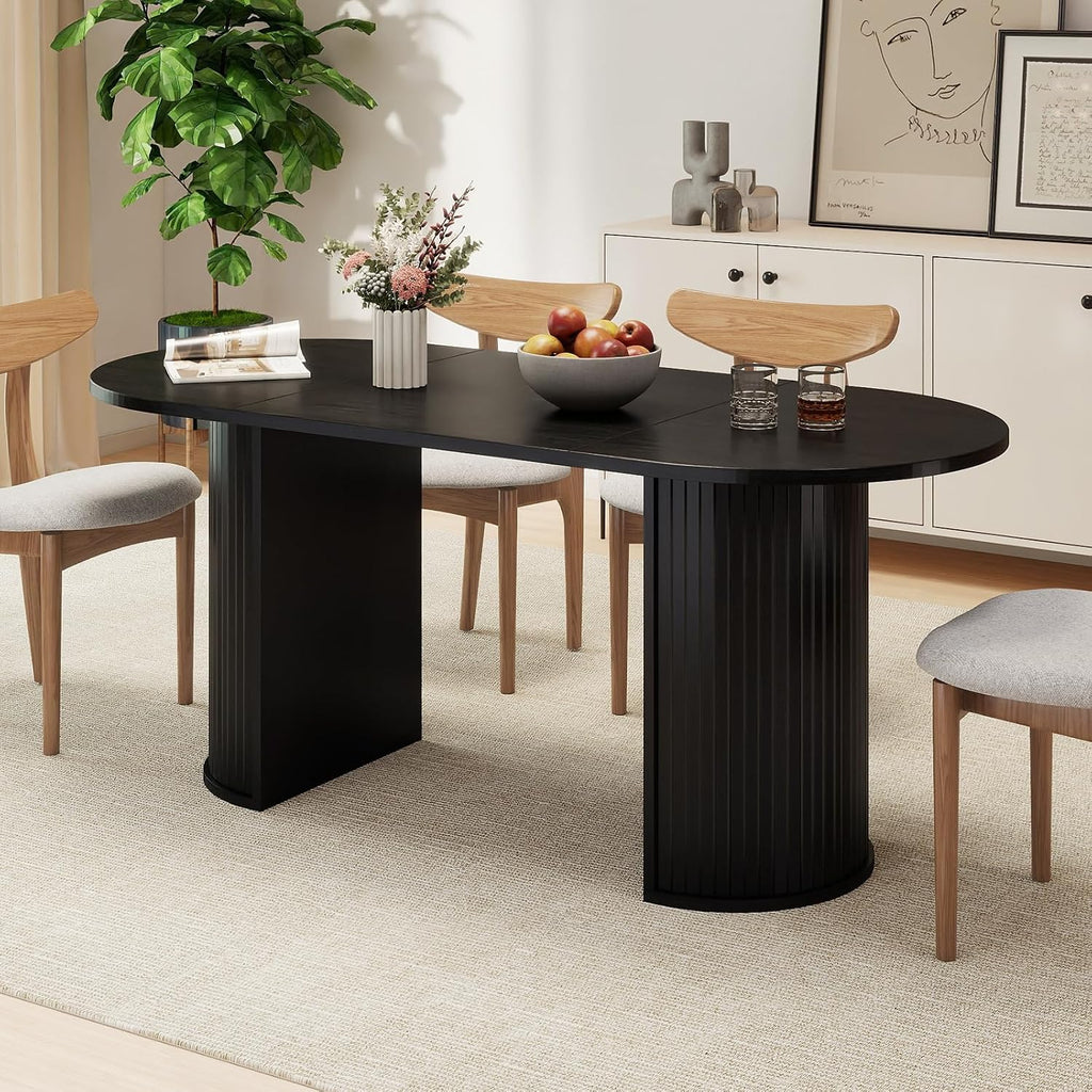 70.8' Oval Dining Table for 4-6 Persons, Fluted Pedestal Base Mid Century Wood Veneer Kitchen Table with Curved Edges for Dining Room, Apartment, Small Spaces, Black