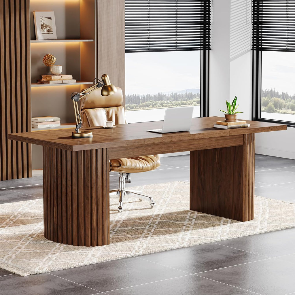 Tribesigns 78.74' Executive Desk, Large Farmhouse Computer Office Desk with Double Pedestal, Wooden Study Writing Table Workstation Conference Table for Home Office, Walnut (Brown)