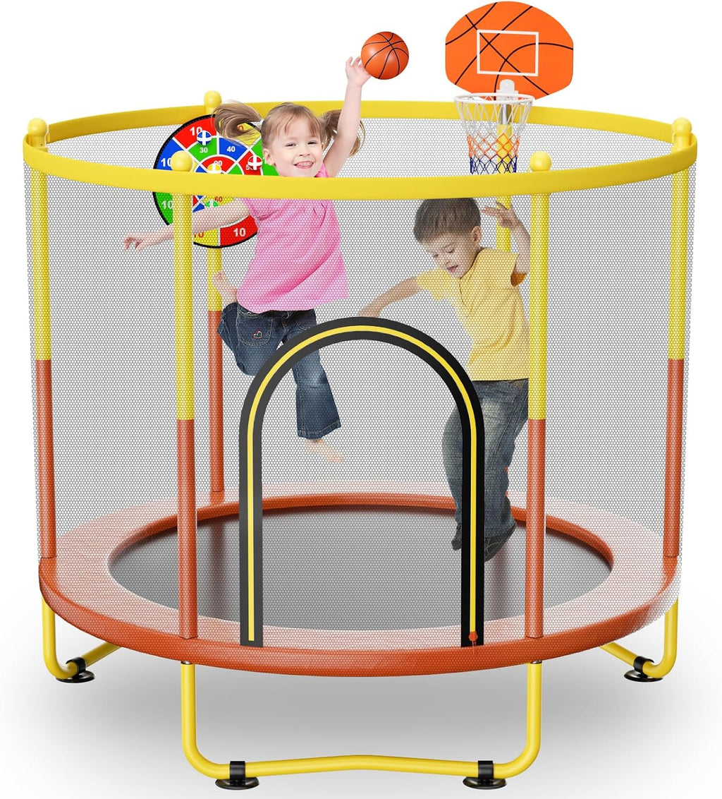 6FT Indoor Trampoline for Kids Ages 1-8, 72' Mini Toddler Indoor & Outdoor Trampoline with Safety Enclosure Net, Basketball Hoop & Dart Board, Birthday Gifts for Boys & Girls, Baby Toddler