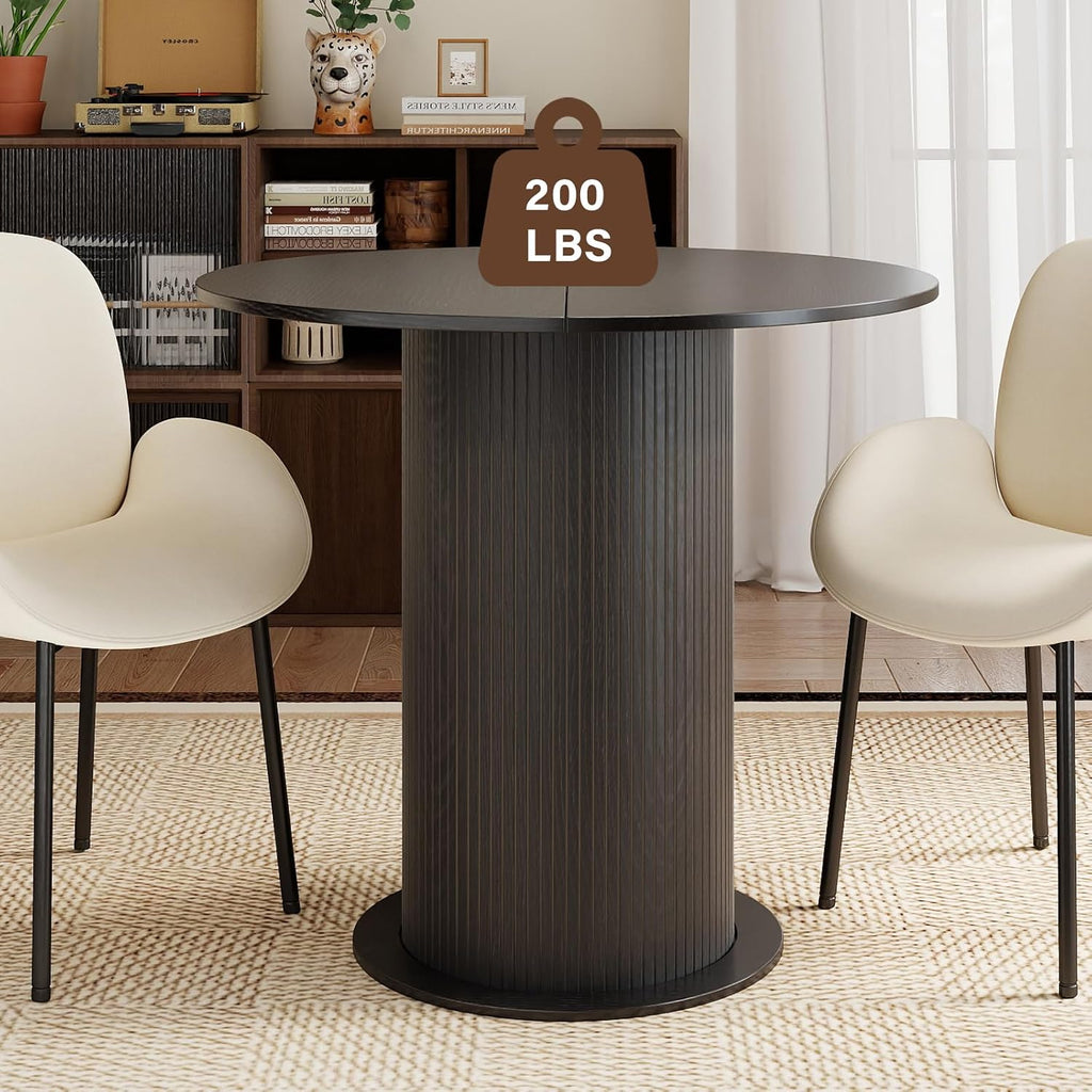 31.5 Inch Round Dining Table with Hidden Storage, Modern Fluted Pedestal Kitchen Table for Small Spaces, Circular Breakfast Nook Table with 2-Layer Shelves for Apartment Studio, Black