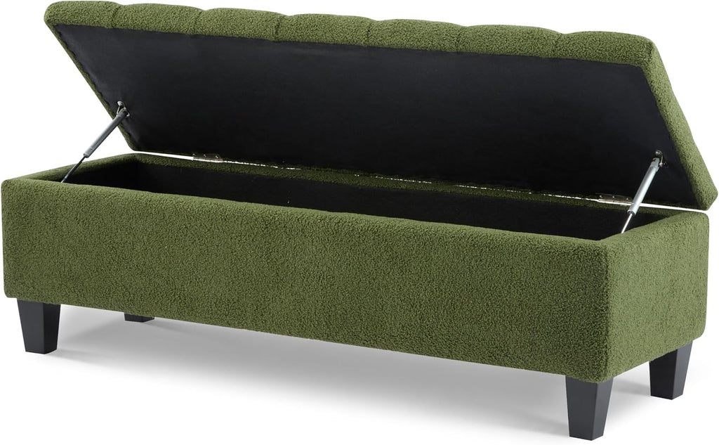 Christopher Knight Home Ottilie Boucle Fabric Storage Ottoman Bench, Wooden Rectangular Ottoman with Storage, Bedroom End of Bed Foot Stool, Entryway Ottoman Footrest, Living Room Extra Seat, Green