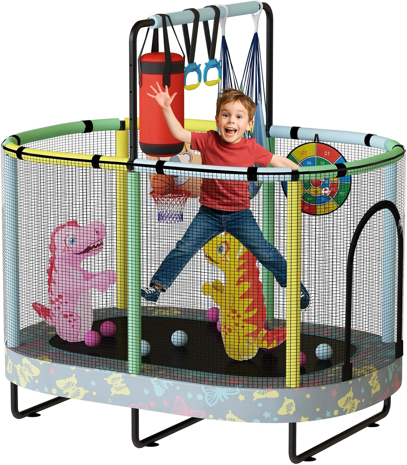 LAMERGE 55' 7-in-1 Round Trampoline for Kids Boys & Girls Ages 1-8, Indoor & Outdoor Trampoline for Fun, Adjustable Height Handrail ＆ Enclosed Safety Net ＆ Durable Designs for Toddlers Children