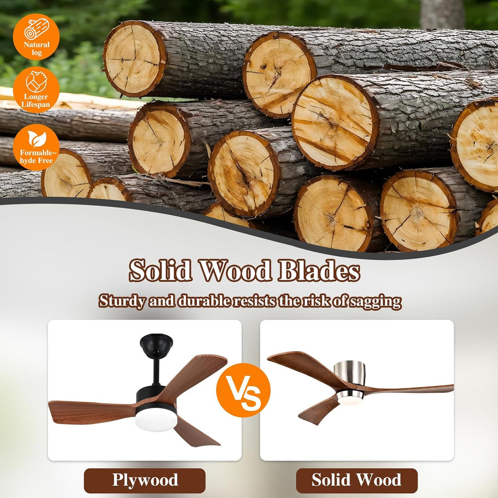 52' Wooden Flush Mount Ceiling Fans with Remote Control, Dimmable Low Profile Chandelier Fan with LED Light Modern Fandelier for Living Room Nickel Walnut