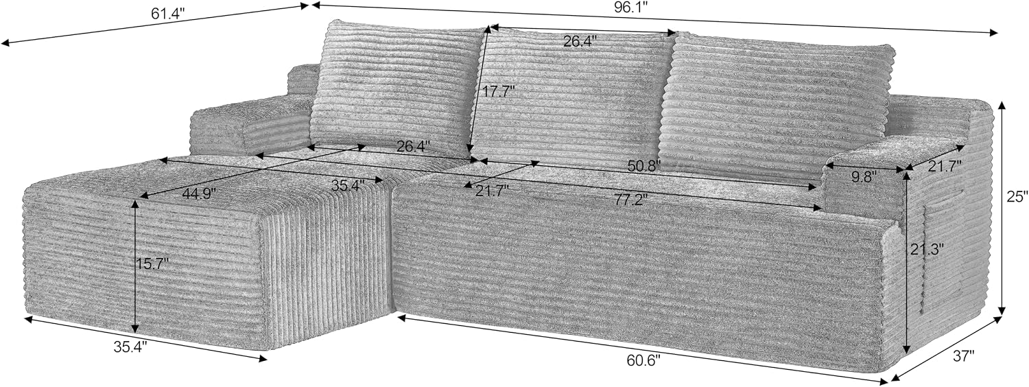 96' Corduroy Sectional Sofa Boneless Couches for Living Room - L Shaped Compressed Cloud Couch with Left Facing Chaise Lounge and Side Pockets