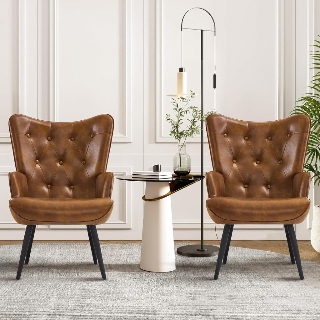 Furnimart Faux Leather Accent Chair Mid Century Modern Living Room Chairs; Comfy Armchair Leisure Vanity Guest Wingback Chair for Office Study Vanity Bedroom Waiting Room PU Yellow Brown