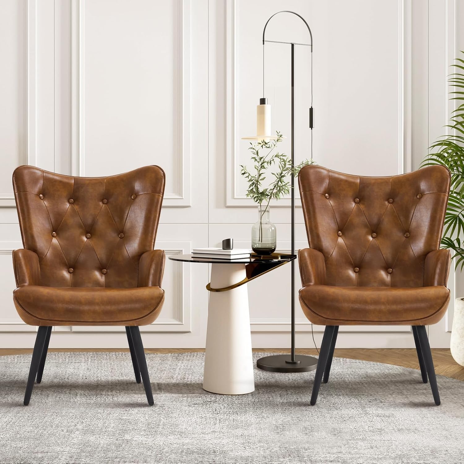 Furnimart Faux Leather Accent Chair Mid Century Modern Living Room Chairs; Comfy Armchair Leisure Vanity Guest Wingback Chair for Office Study Vanity Bedroom Waiting Room PU Yellow Brown