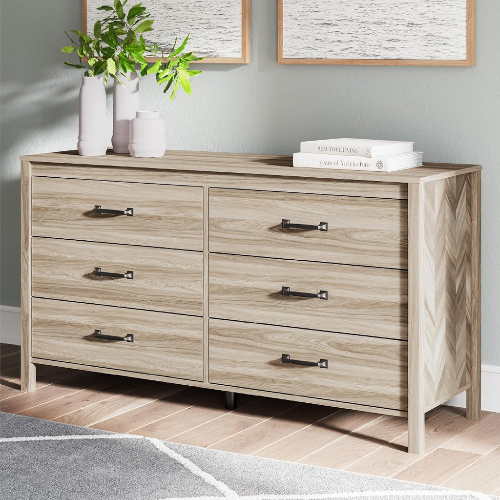 Signature Design by Ashley Battelle Mid-Century Modern Dresser with 6 Drawers and Chevron Pattern, Meets ASTM International Standards, Wood and Decorative Laminate, Tan