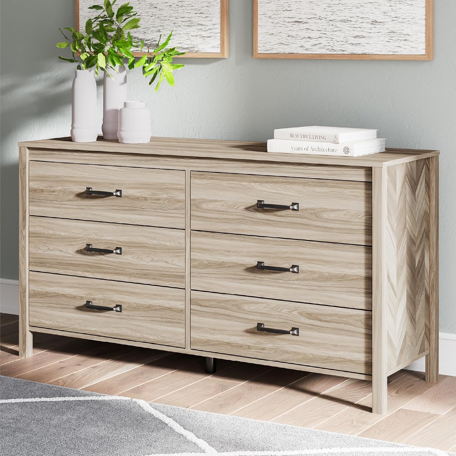 Signature Design by Ashley Battelle Mid-Century Modern Dresser with 6 Drawers and Chevron Pattern, Meets ASTM International Standards, Wood and Decorative Laminate, Tan