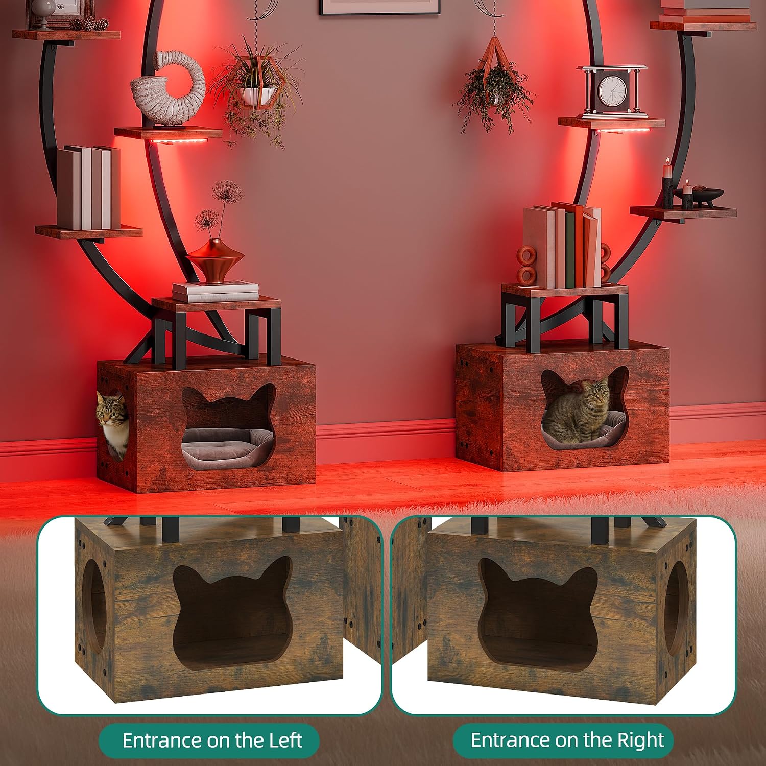 YITAHOME Tall Bookshelf with LED Light, Artistically Designed Arched Bookshelf with Cats Litter Box,10-Tier Bookcase Corner Display Shelf for Home Office, Bedroom