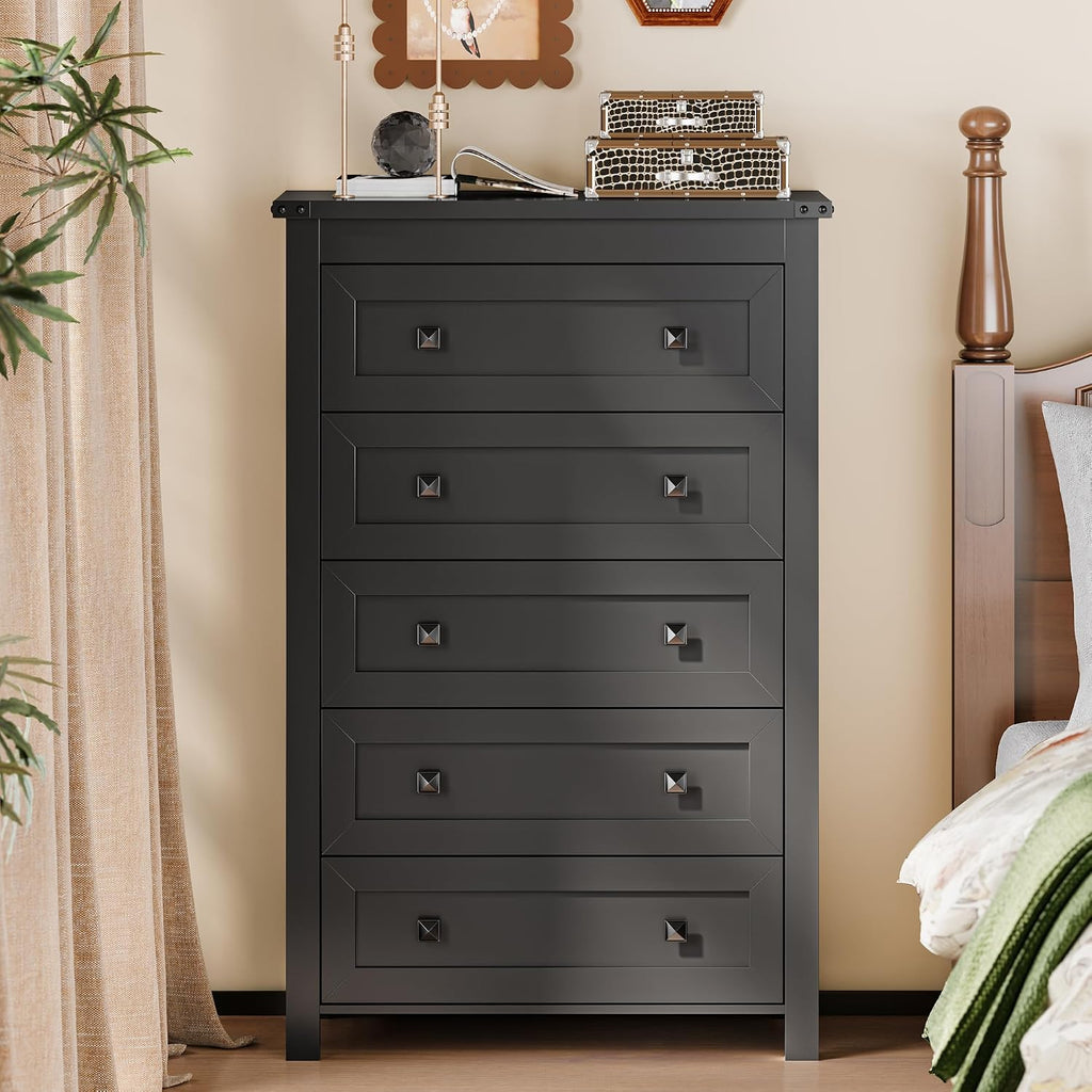 Xixini Dresser for Bedroom with 5 Drawers, Tall Wood Chest of Drawers, Modern Farmhouse Closet Clothes Organizer, Storage Tower Cabinet with Metal Handles for Hallway, Living Room, Entryway, Black
