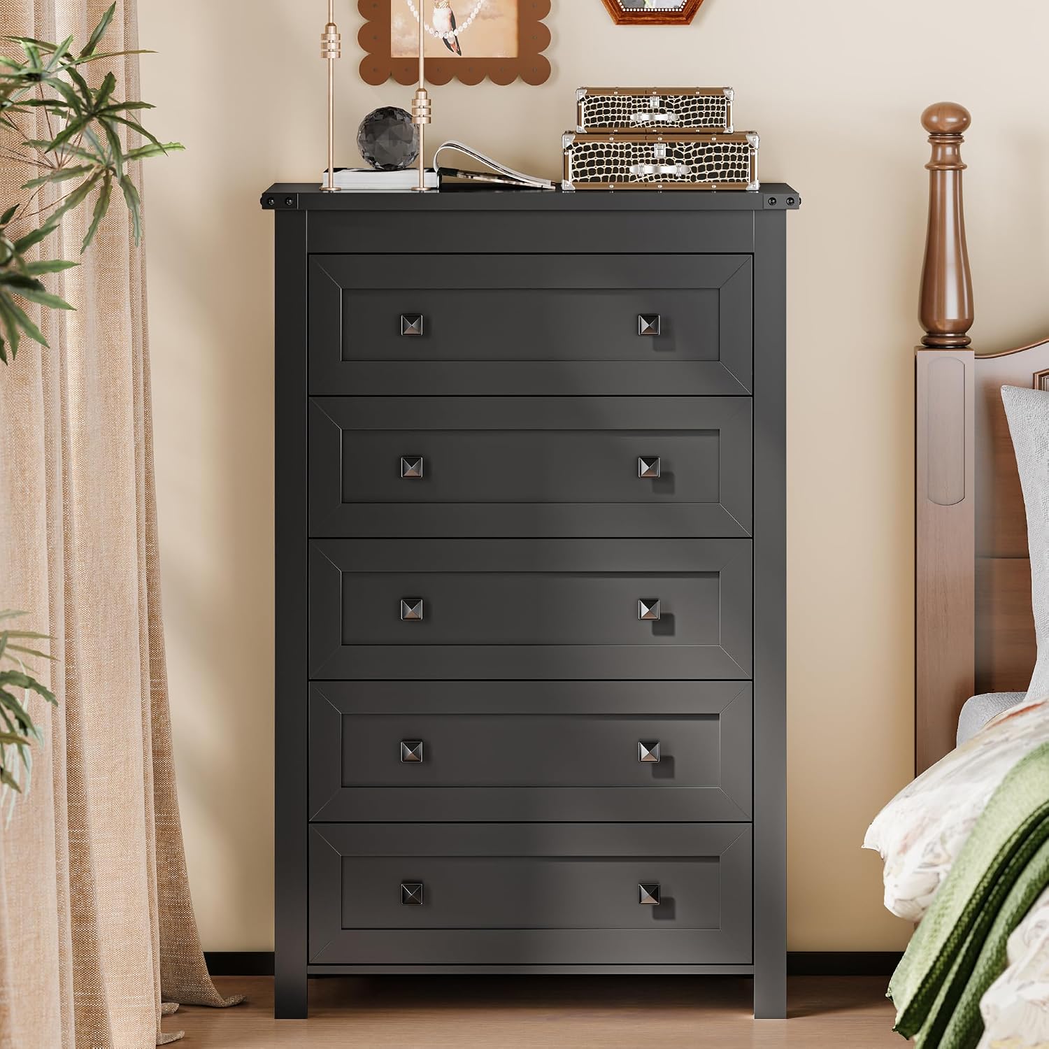 Xixini Dresser for Bedroom with 5 Drawers, Tall Wood Chest of Drawers, Modern Farmhouse Closet Clothes Organizer, Storage Tower Cabinet with Metal Handles for Hallway, Living Room, Entryway, Black