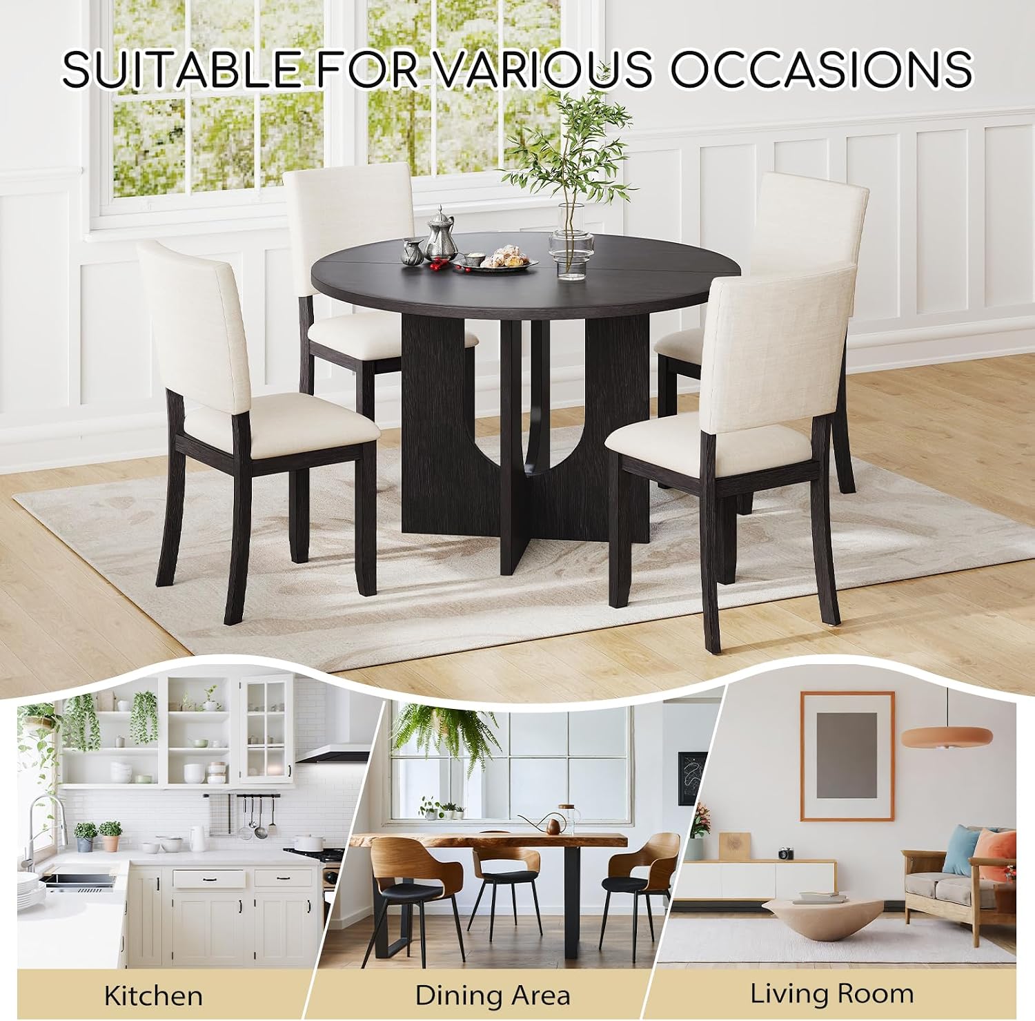 Zevemomo 47.3' Round Solid Wood Dining Table Set for 4, 5-Piece Kitchen Table Set with 4 Upholstered Chairs, Modern Round Dining Sets for Kitchen, Living Room, Black