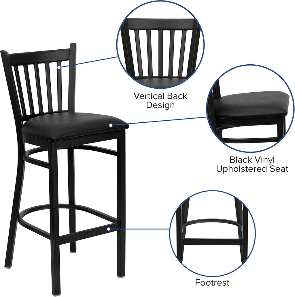 Flash Furniture HERCULES Series Black Vertical Back Metal Restaurant Barstool - Black Vinyl Seat (Pack of 1)