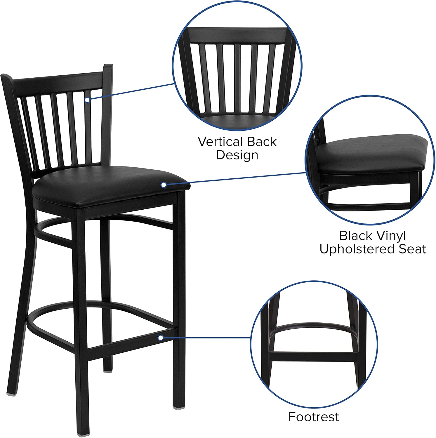 Flash Furniture HERCULES Series Black Vertical Back Metal Restaurant Barstool - Black Vinyl Seat (Pack of 1)