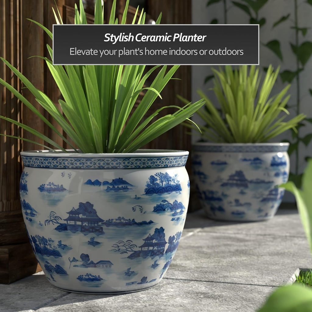 Red Lantern 20' Porcelain Fishbowl Blue & White Landscape Planter