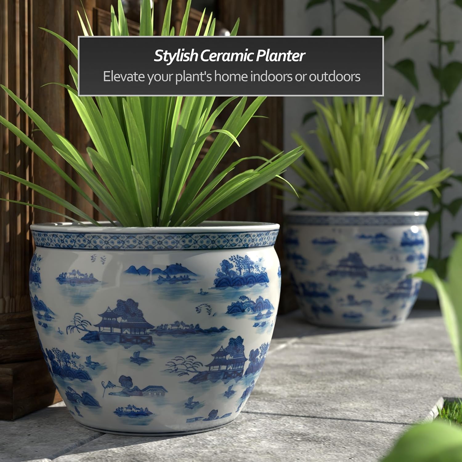 Red Lantern 20' Porcelain Fishbowl Blue & White Landscape Planter