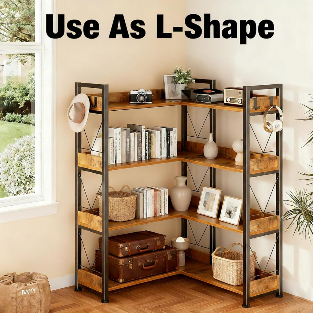Simple Deluxe 5-Tier Industrial L-Shaped Corner Bookshelf 65', Open Storage Shelving with Hooks & Edge Trim, Sturdy Metal Wood Frame for Living Room, Bedroom, Home Office, Kitchen, Brown