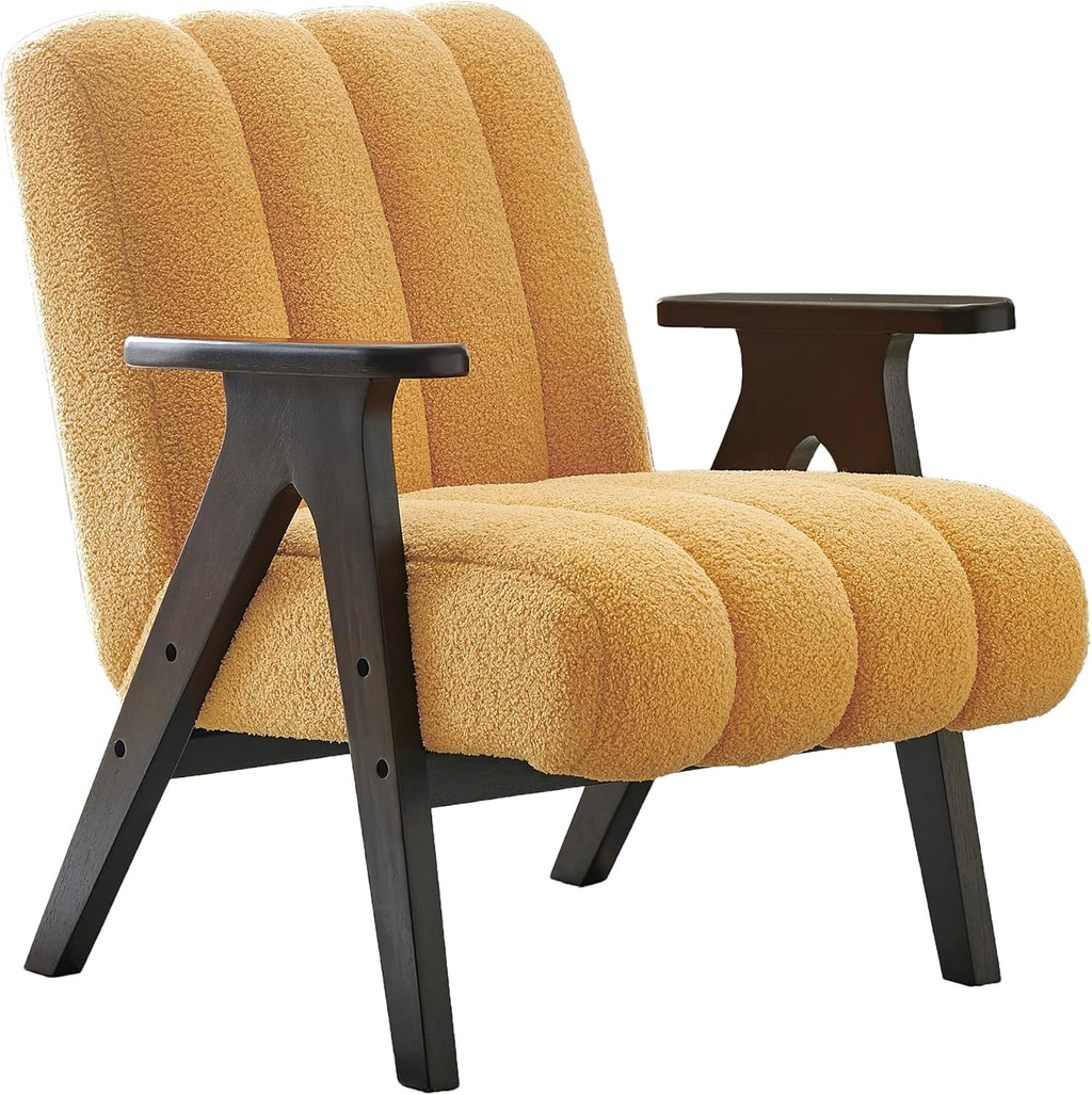 Roundhill Furniture Rella Modern Teddy Sherpa Accent Chair with Espresso Wood Frame, Yellow